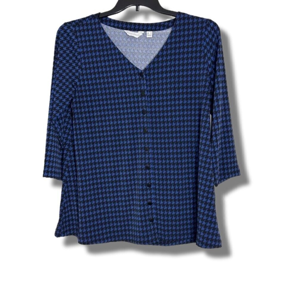 2/$30 Susan Graver Cardigan Blue Black Houndstooth Button Down 3/4 Sleeve